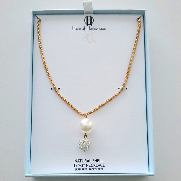 House of Harlow 1960 Jewelry - House of Harlow 1960 Gold Necklace with Pearl and Crystal - Natural Shell , New